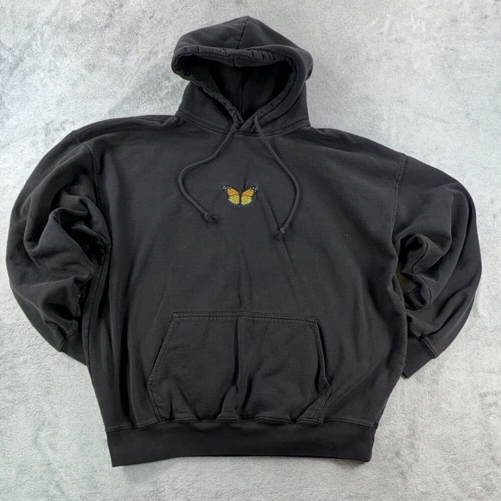 Brandy Melville Hoodie Women One Size Black Butterfly Embroidered Pullover